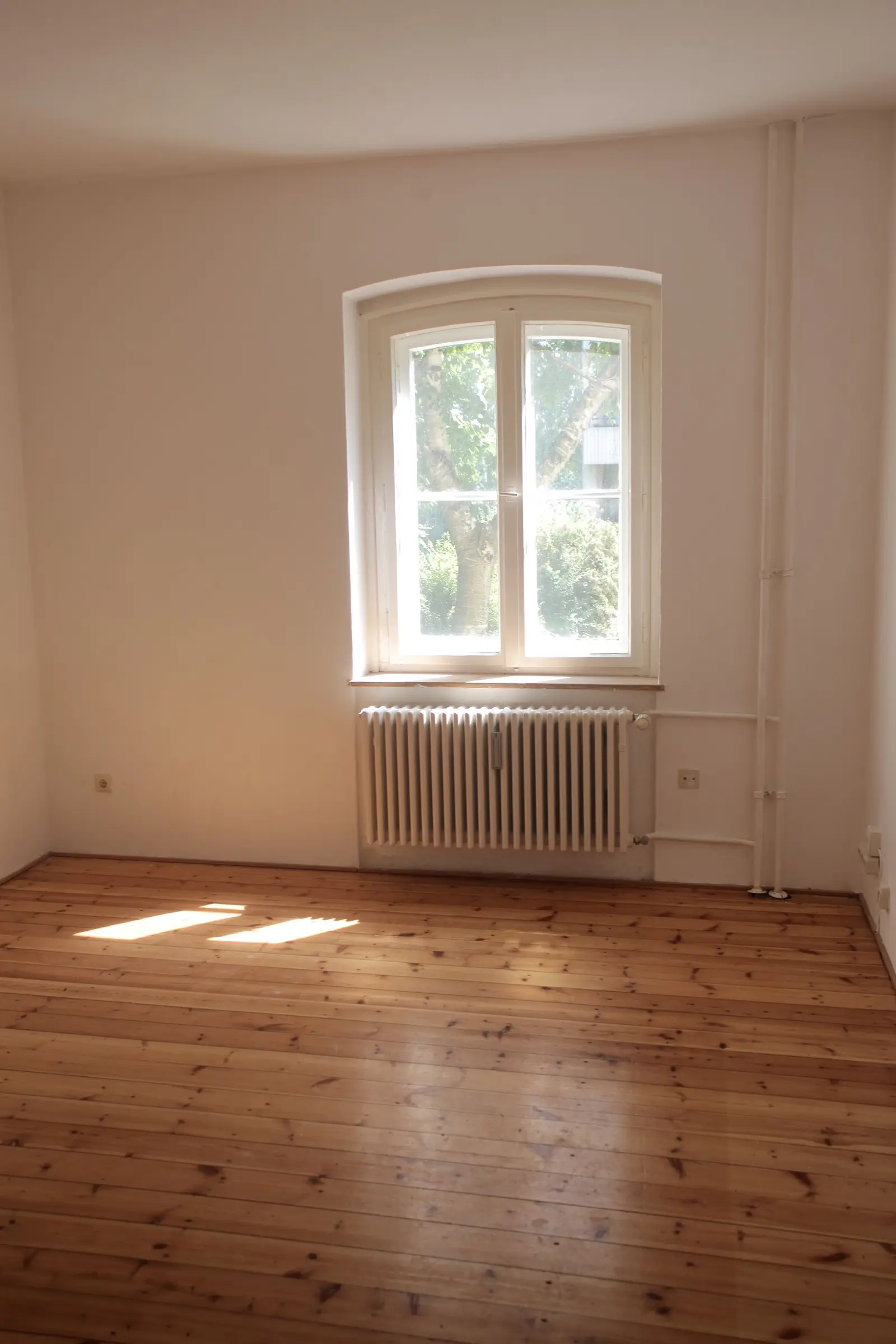 Leeres Altbauzimmer mit Holzdielen, Heizkörper unter dem Fenster und Sonnenflecken auf dem Boden